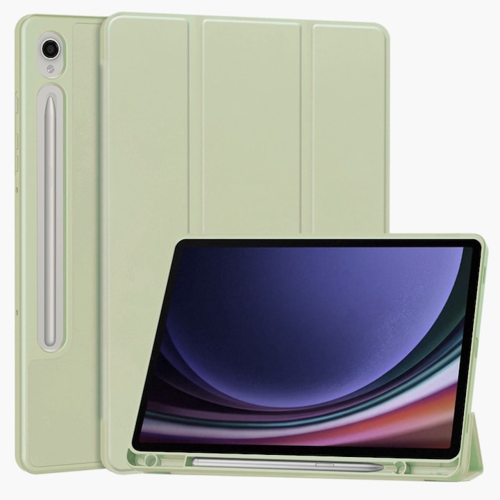 Husa pentru Samsung Galaxy Tab S9 / S9 FE usoara si subtire cu functie wake-up/sleep si compartiment pentru stylus tip stand - verde deschis