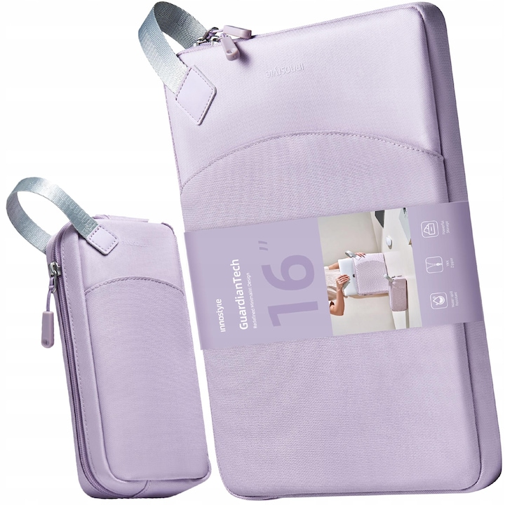 Geanta Laptop 16” Innostyle® GuardianTech Impermeabila + Geanta Gadget, Ultra-Usoara, Protectie Antisoc, Design Ergonomic, pentru Notebook/Ultrabook, Fermoare YKK, Violet