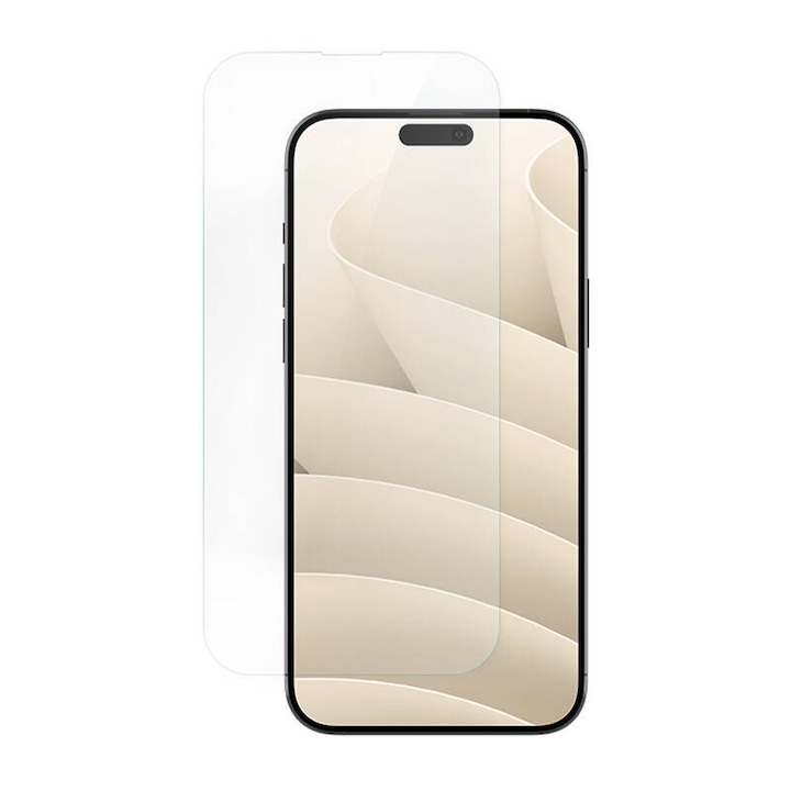 Folie sticla MatTech Premium, compatibila cu iPhone 16, Case Friendly, Grosime de 0.3mm, Duritate 9H, Anti-Fingerprint, Margini Rotunjite 2.5D, Transparent