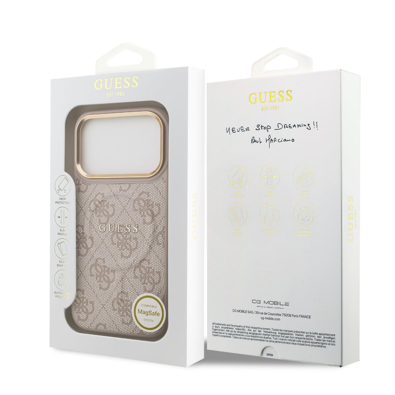 Husa Guess PU Leather 4G Gold Frame MagSafe compatibila cu iPhone 17 Pro Roz