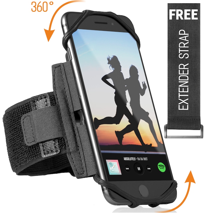 Husa banderola alergat pentru brat / mana, sala, bicicleta, yoga, fitness, Universala, 360° rotire si cu acces usor la ecran, benzi elastice, suport telefon pentru fitness, sport, jogging, husa alergat Ideas4Comfort®, negru