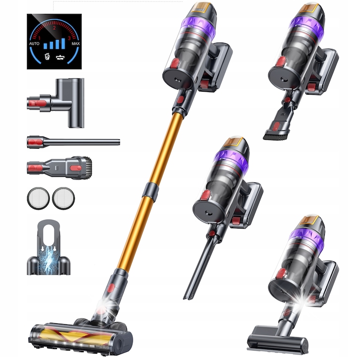 Aspirator vertical Buture VC90, 600W, 65kPa, 60min, cu mini-turboscupta, auriu/gri