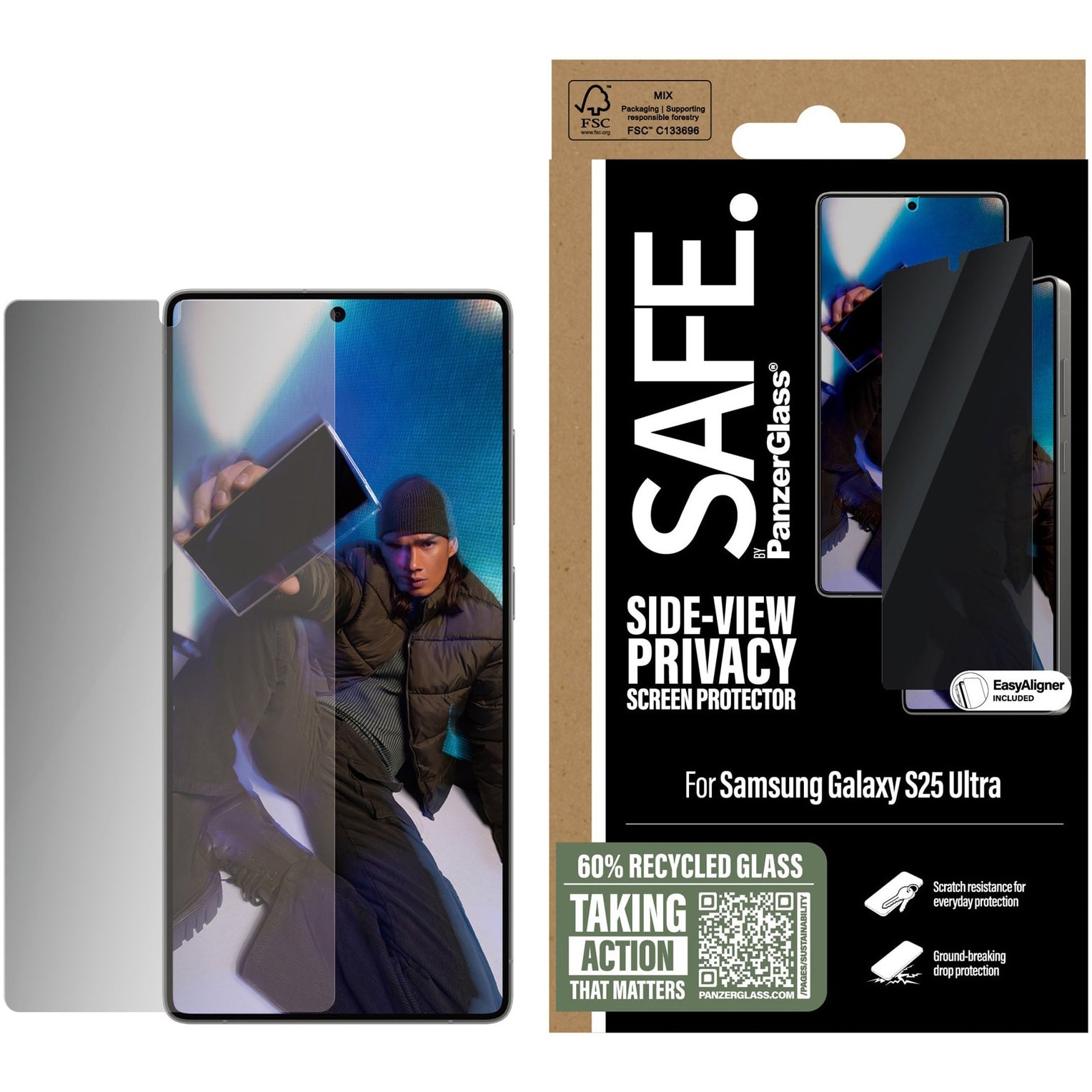 Folie de protectie sticla Privacy PanzerGlass Safe UWF cu aplicator pentru Samsung Galaxy S25 Ultra