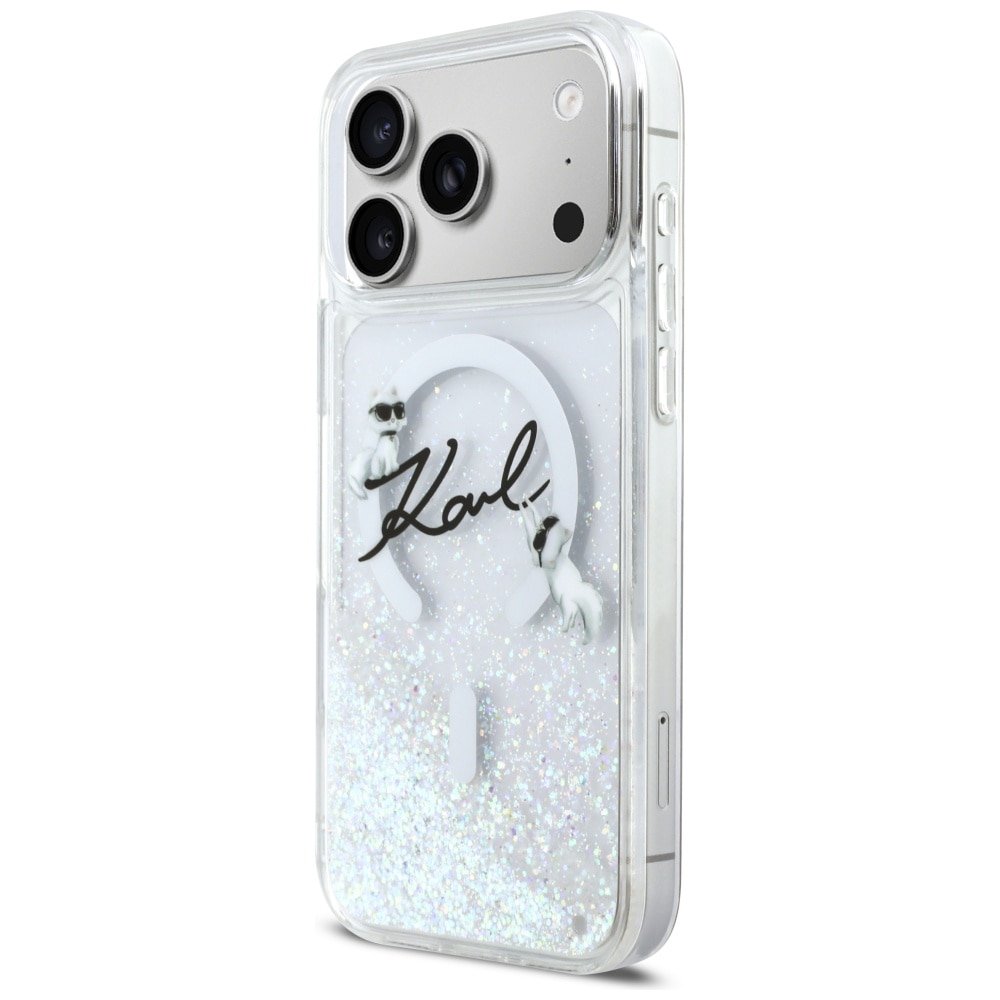 Etui telefon Karl Lagerfeld Liquid Glitter MagSafe pentru iPhone 17 Pro Max, transparent