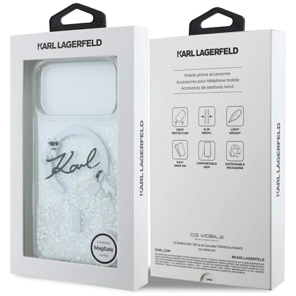 Etui telefon Karl Lagerfeld Liquid Glitter MagSafe pentru iPhone 17 Pro Max, transparent