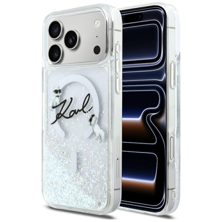 Etui telefon Karl Lagerfeld Liquid Glitter MagSafe pentru iPhone 17 Pro Max, transparent