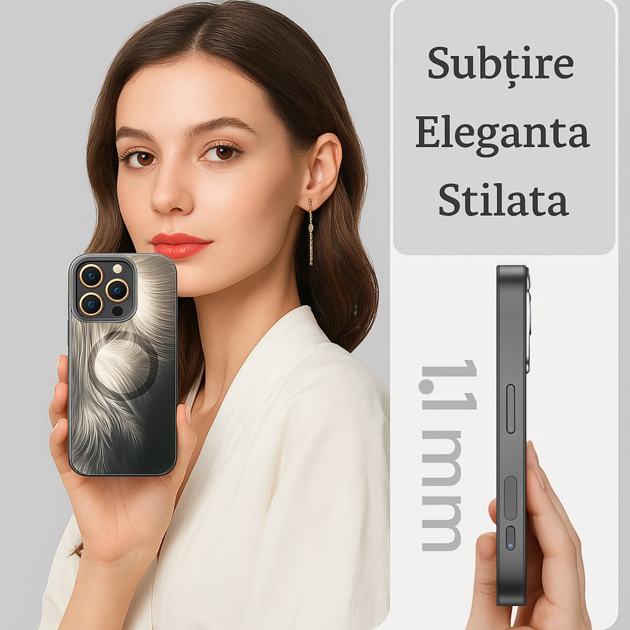 Husa de Protectie Pentru iPhone 12 ProMax MagSafe, Culoare Silver, lucios cu efect 3D tip Pana, design elegant si protectie completa inclusiv Lentile impotriva socurilor si zgarieturilor
