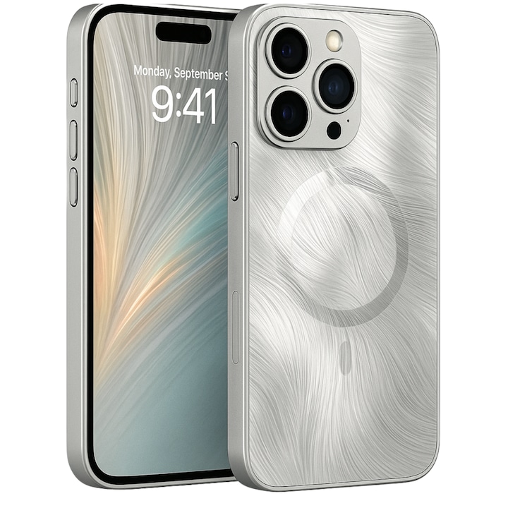 Husa de Protectie Pentru iPhone 12 ProMax MagSafe, Culoare Silver, lucios cu efect 3D tip Pana, design elegant si protectie completa inclusiv Lentile impotriva socurilor si zgarieturilor