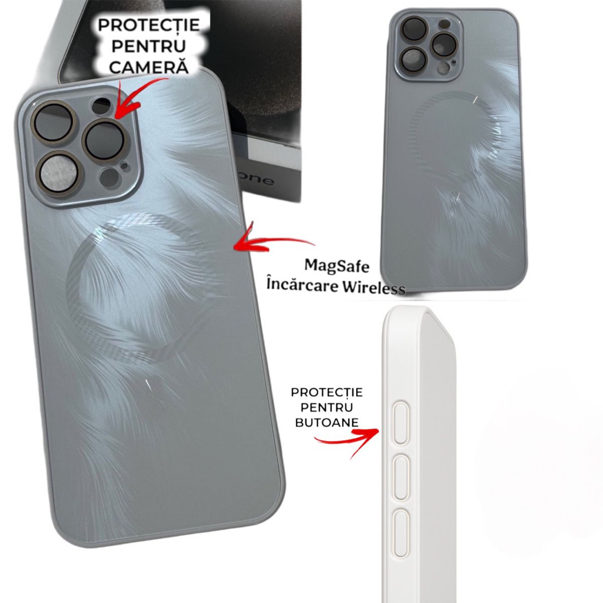 Husa de Protectie Pentru iPhone 12 ProMax MagSafe, Culoare Silver, lucios cu efect 3D tip Pana, design elegant si protectie completa inclusiv Lentile impotriva socurilor si zgarieturilor