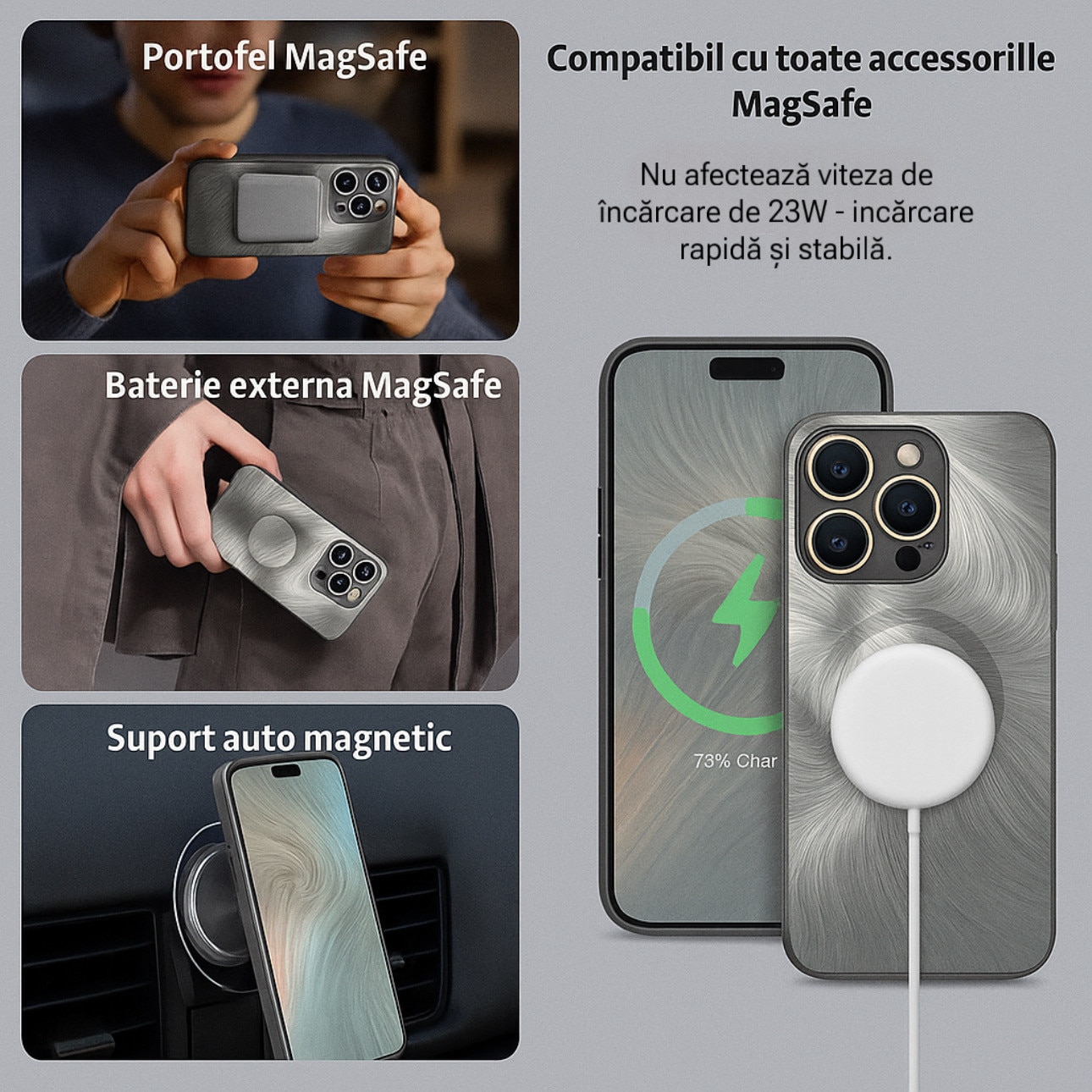 Husa de Protectie Pentru iPhone 12 ProMax MagSafe, Culoare Silver, lucios cu efect 3D tip Pana, design elegant si protectie completa inclusiv Lentile impotriva socurilor si zgarieturilor