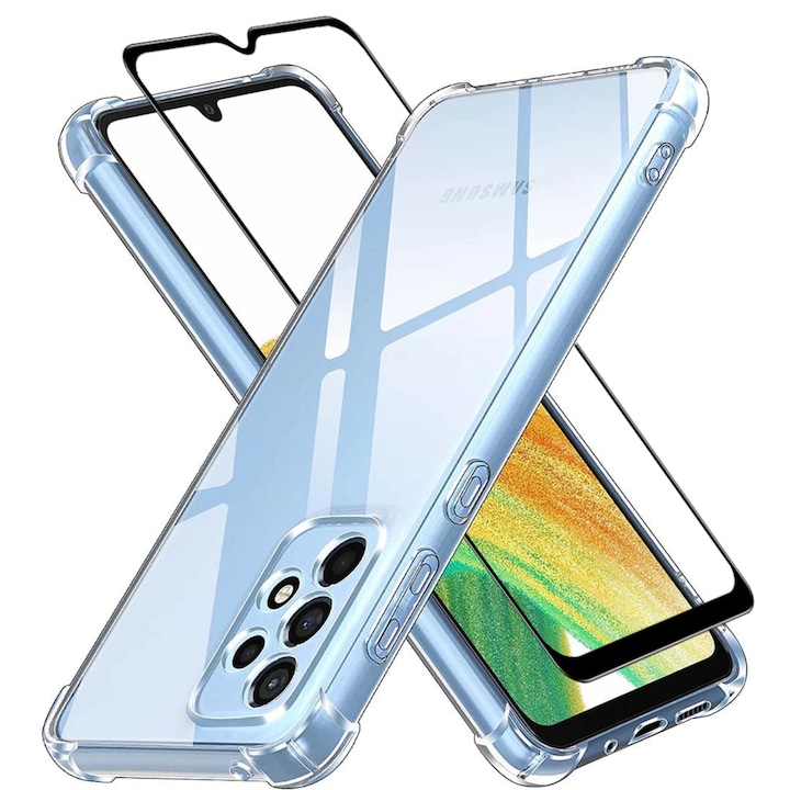 Set husa Antishock transparenta si Folie sticla protectie Ecran pentru Samsung A53 5G, Protectie completa