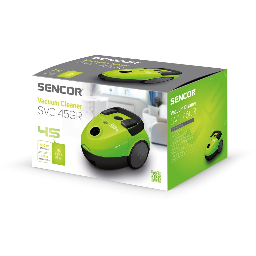 Aspirator cu sac de praf, Sencor, 850 W, Capacitate sac de praf 1,5 litri, Verde