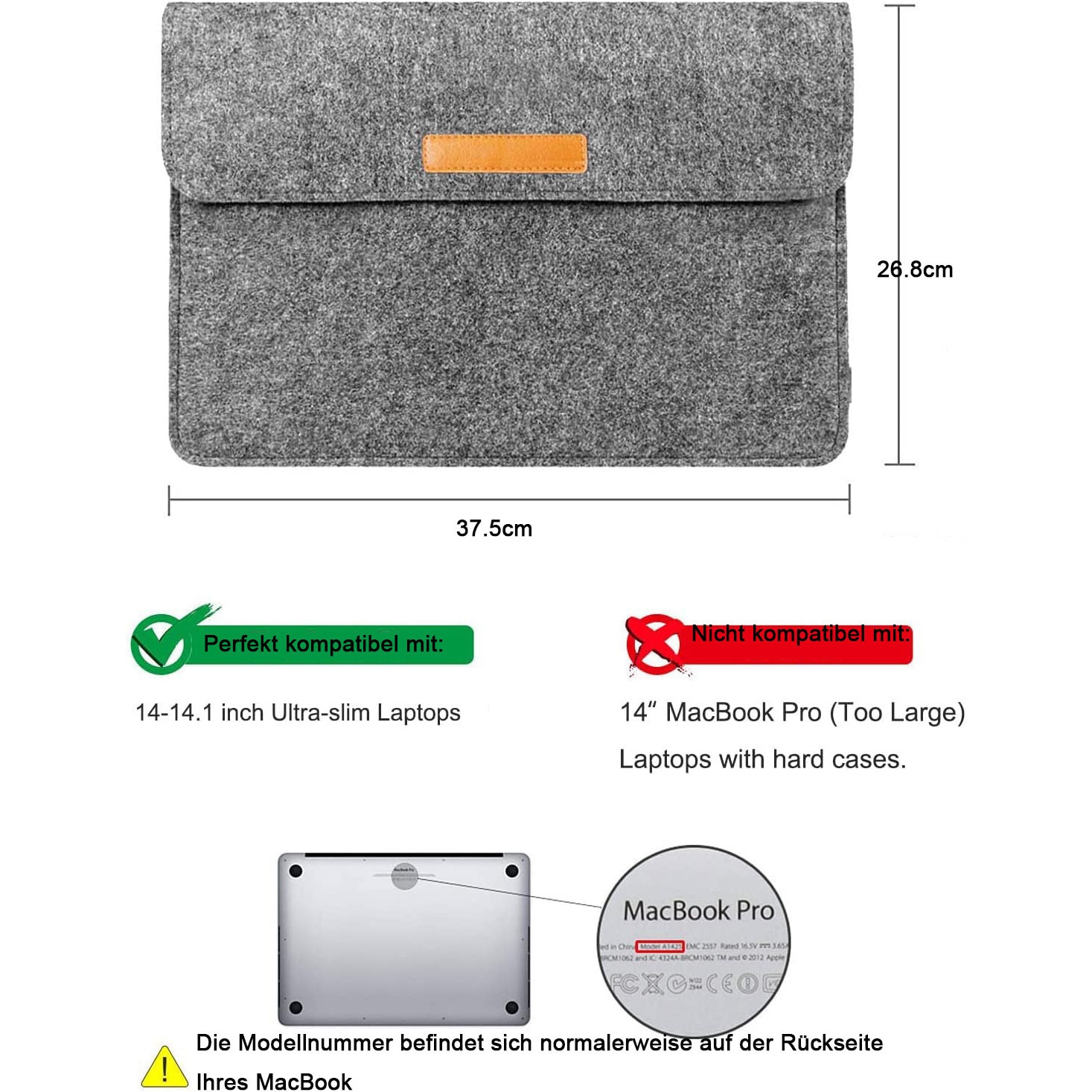 Husa laptop din fetru, Enforose, 14", 15" MacBook Pro, design subtire, rezistent la apa, gri inchis