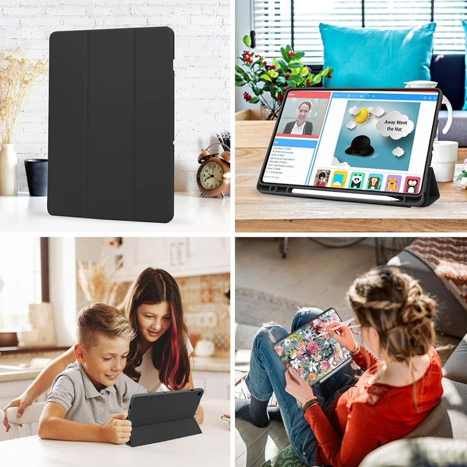 Husa tableta pentru Samsung Galaxy Tab A9, suport Pencil, functie Sleep/Wake, Flex Trifold, set cu sticker, Bleumarin