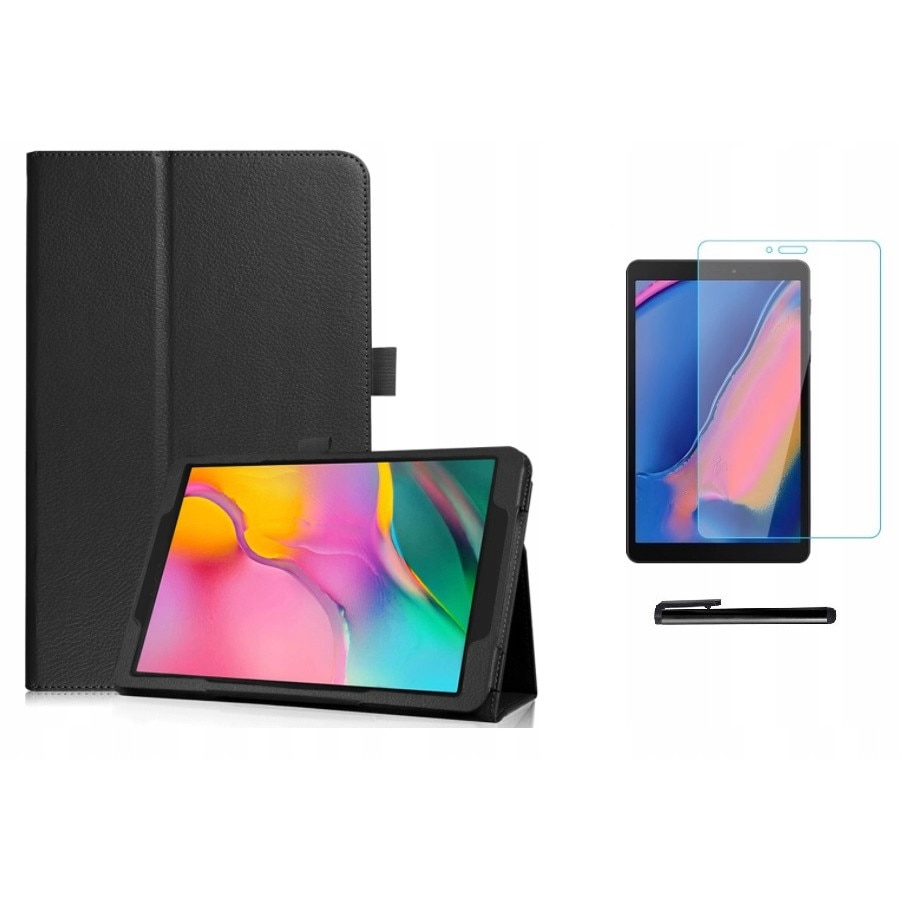Set husa tableta/folie de protectie/stylus, Piele ecologica/Sticla, Compatibil cu Samsung Galaxy Tab A, Negru