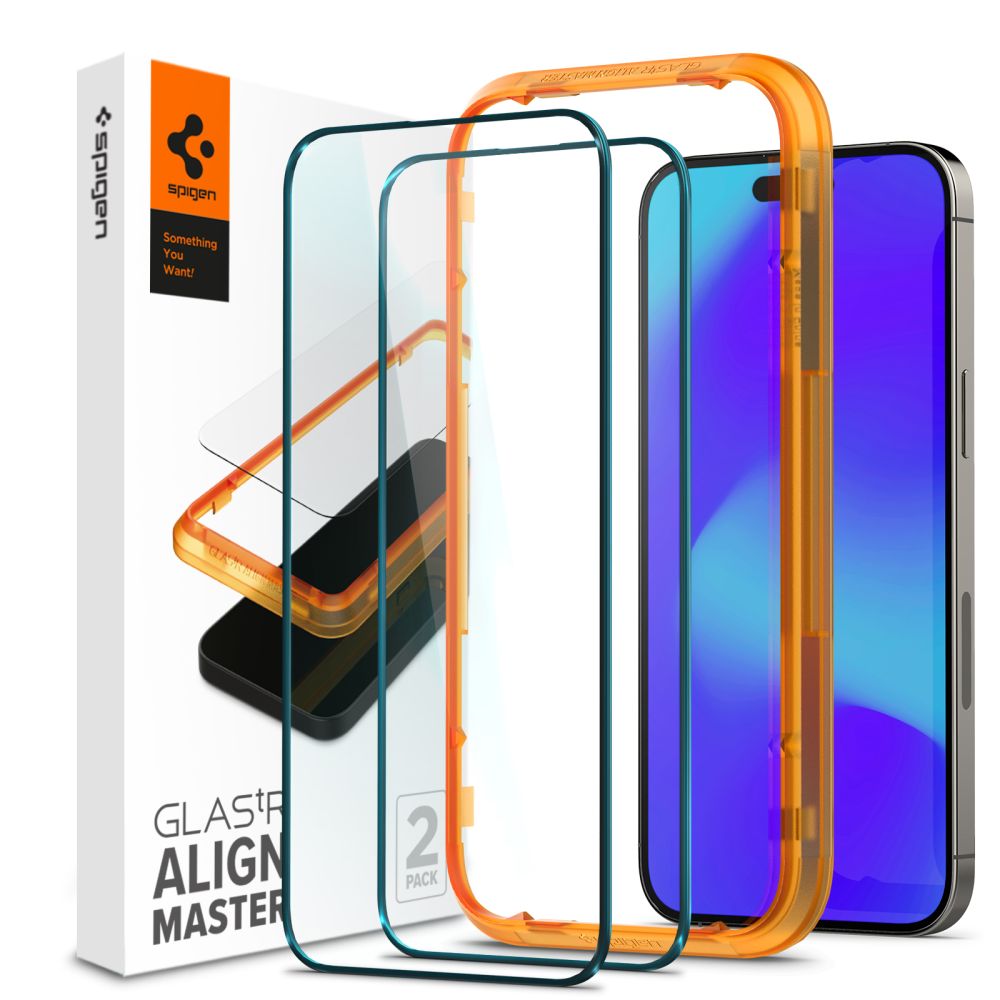 Set 2 folii sticla cu sistem de montare Case friendly Spigen ALM Glass FC compatibila cu iPhone 14 Pro Max Black