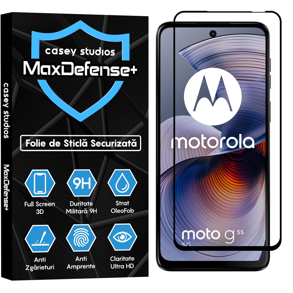 Folie Sticla CASEY STUDIOS™ compatibila cu Motorola Moto G55, MaxDefense+, Anti Zgarieturi, Full Glue, Full Cover 3D, Protectie Ecran 3D, Duritate Ridicata, Margini Negre