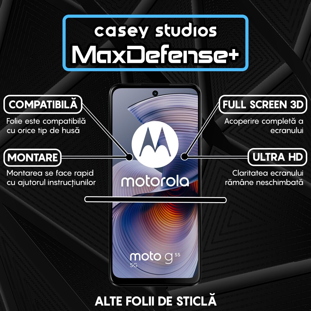 Folie Sticla CASEY STUDIOS™ compatibila cu Motorola Moto G55, MaxDefense+, Anti Zgarieturi, Full Glue, Full Cover 3D, Protectie Ecran 3D, Duritate Ridicata, Margini Negre