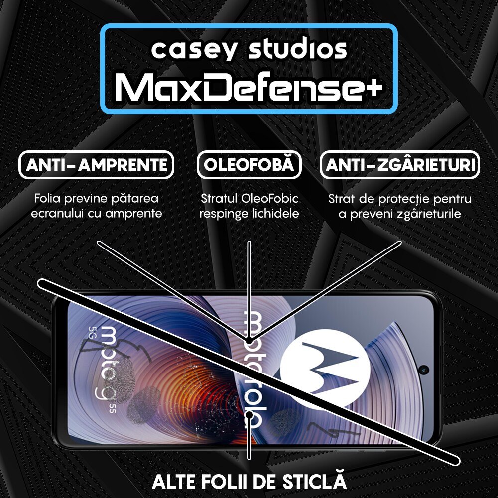 Folie Sticla CASEY STUDIOS™ compatibila cu Motorola Moto G55, MaxDefense+, Anti Zgarieturi, Full Glue, Full Cover 3D, Protectie Ecran 3D, Duritate Ridicata, Margini Negre