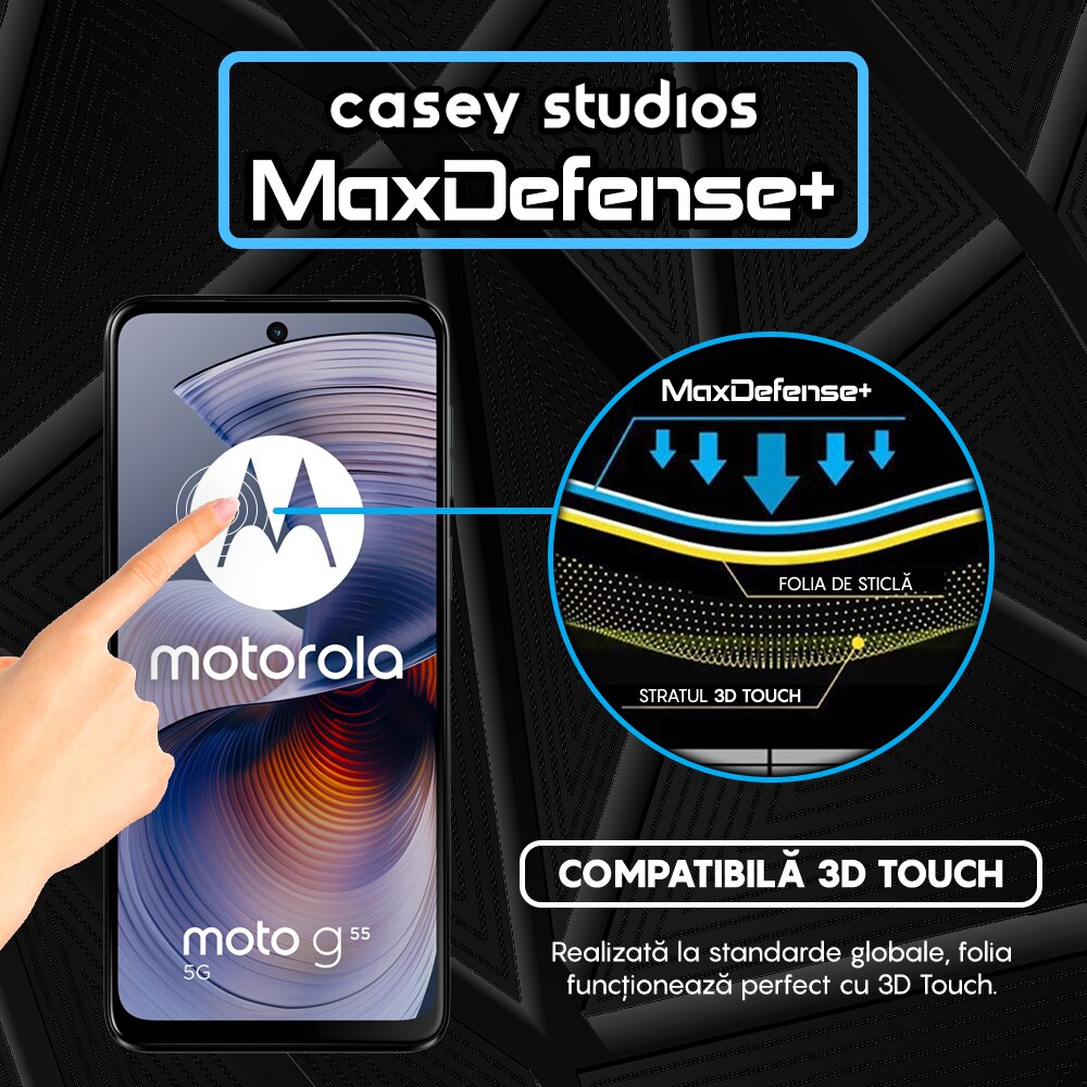 Folie Sticla CASEY STUDIOS™ compatibila cu Motorola Moto G55, MaxDefense+, Anti Zgarieturi, Full Glue, Full Cover 3D, Protectie Ecran 3D, Duritate Ridicata, Margini Negre