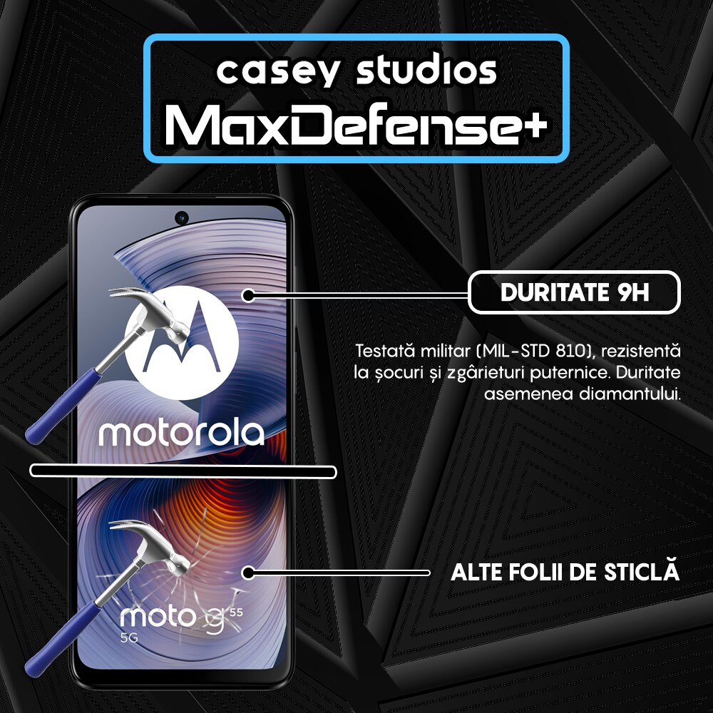 Folie Sticla CASEY STUDIOS™ compatibila cu Motorola Moto G55, MaxDefense+, Anti Zgarieturi, Full Glue, Full Cover 3D, Protectie Ecran 3D, Duritate Ridicata, Margini Negre