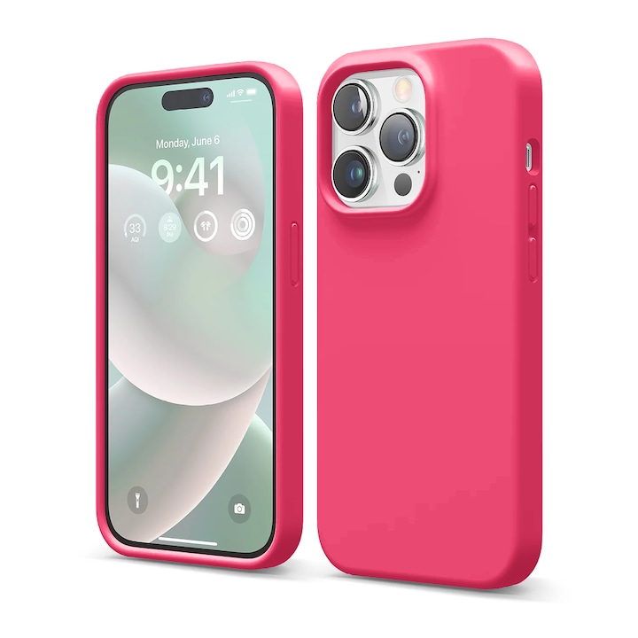 Husa CASEY STUDIOS™ compatibila cu iPhone 14 Pro, Soft Silicone Premium, Microfibra in Interior, Fuchsia, de Protectie, pentru Incarcare Wireless, Margini Ridicate de Protectia Ecranului si a Camerelor