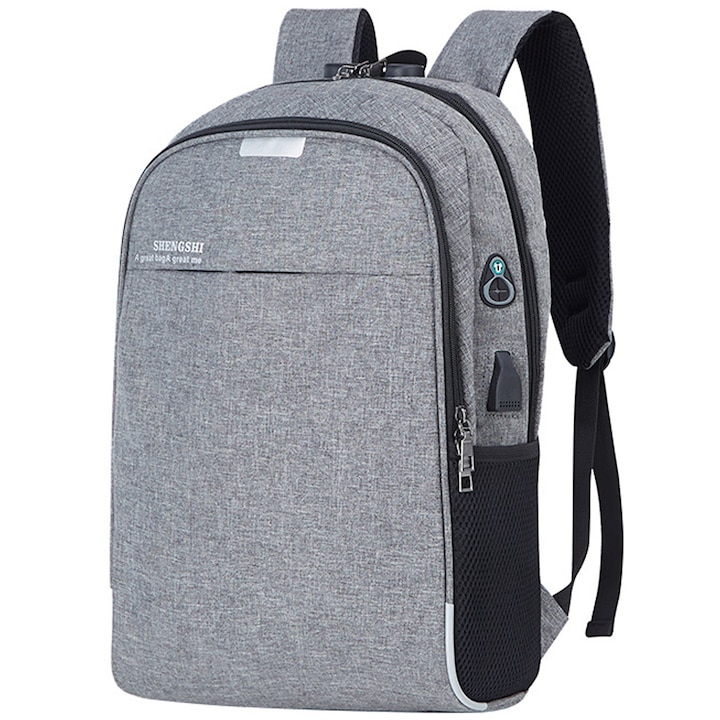 Rucsac multifunctional cu port USB, compartiment laptop 15.6 inch, gri, 46x30x13cm
