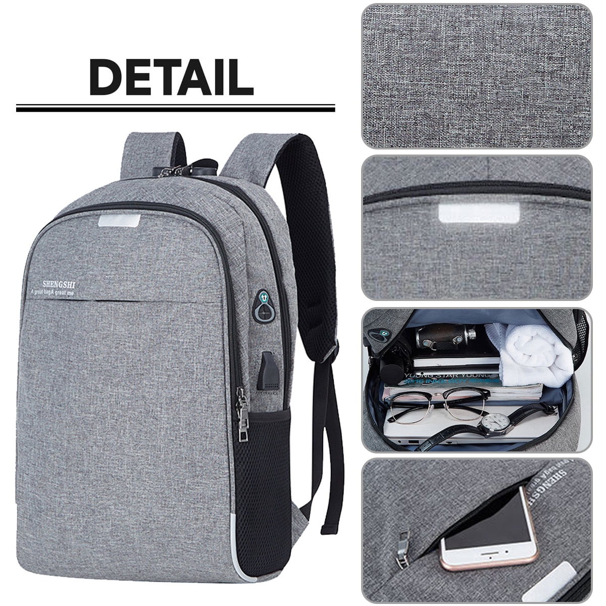 Rucsac multifunctional cu port USB, compartiment laptop 15.6 inch, gri, 46x30x13cm