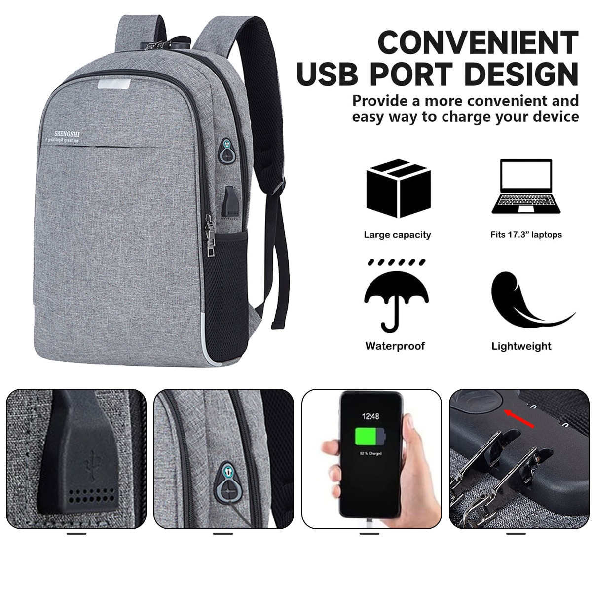 Rucsac multifunctional cu port USB, compartiment laptop 15.6 inch, gri, 46x30x13cm