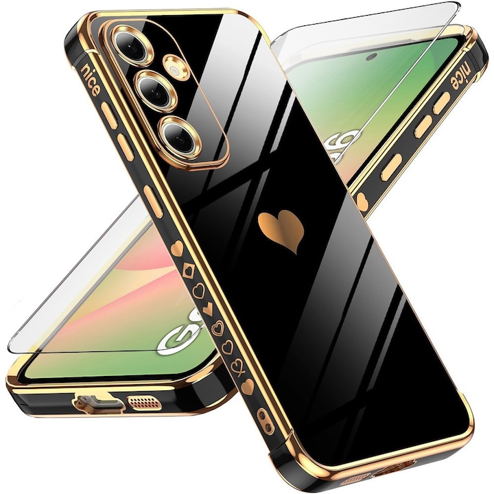 Husa Electro Heart + sticla securizata 9H pentru Samsung Galaxy A56, XGSM, TPU/Plastic, Negru/Auriu