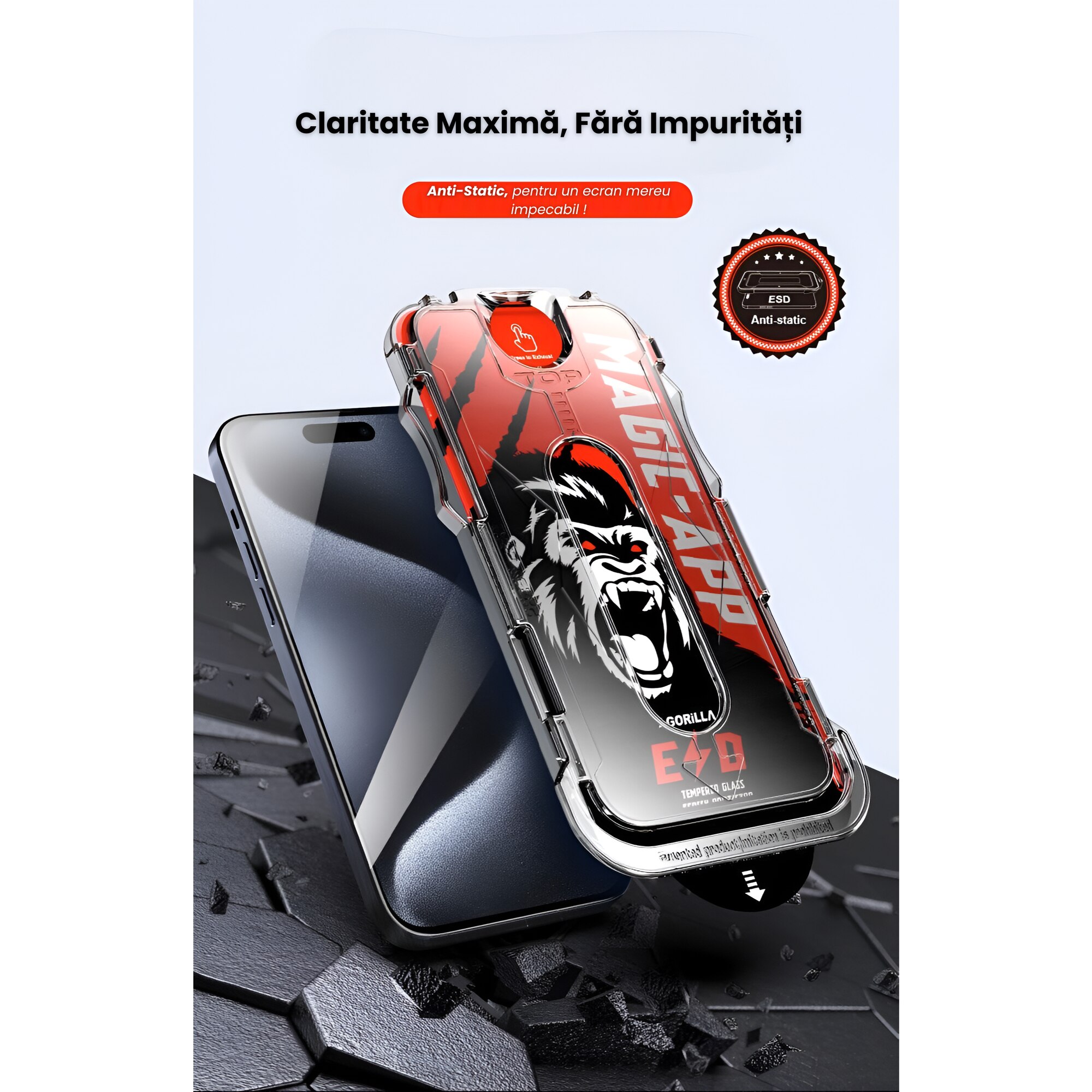 Set 2 Folii Transparent Glass, Compatibil cu Iphone 16 ProMax, Sticla Securizata, Gorila X instalare usoara cu dispozitiv EASYAPP, pentru indepartarea prafului, Anti-zgarieturi, Anti-amprenta, Anti-explozie, Anti-soc, Anti-ulei, Anti-orbire