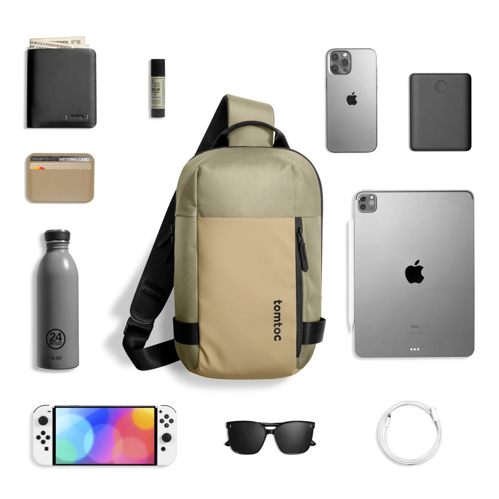 Rucsac geanta de umar Tomtoc Navigator-T24 Sling Bag M, Spatiu pentru laptop si accesorii, Khaki