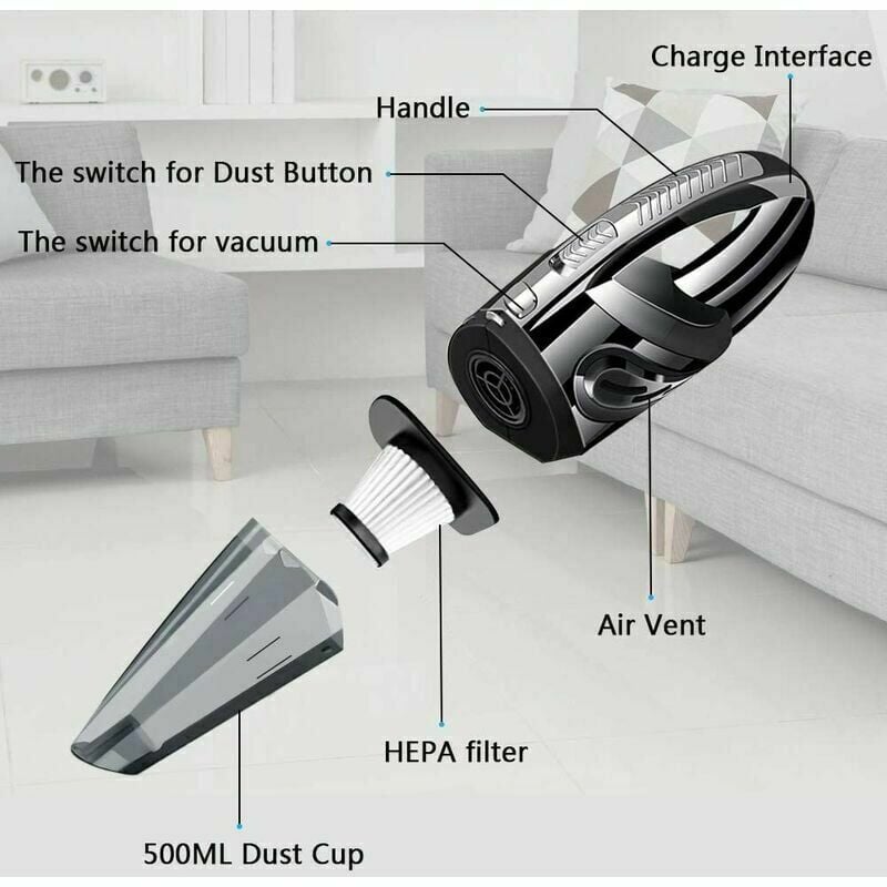 Aspirator portabil fara fir 120W, 2200mAh, functie umeda si uscata, filtru HEPA lavabil, cu 5 duze