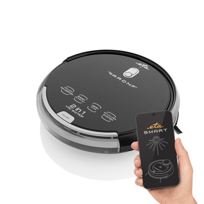 Robot aspirator cu mop ETA Aron 2512 90000, Wi-Fi, baterie Li-Ion 14.4 V, 300 ml, autoincarcare, navigare giroscopica, negru