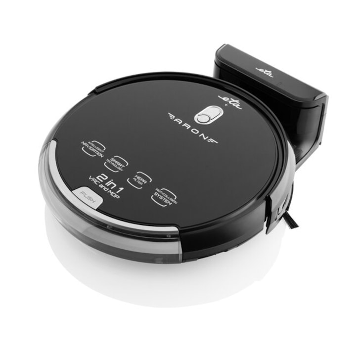 Robot aspirator cu mop ETA Aron 2512 90000, Wi-Fi, baterie Li-Ion 14.4 V, 300 ml, autoincarcare, navigare giroscopica, negru