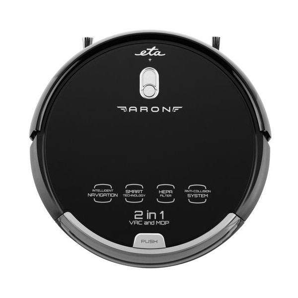 Robot aspirator cu mop ETA Aron 2512 90000, Wi-Fi, baterie Li-Ion 14.4 V, 300 ml, autoincarcare, navigare giroscopica, negru