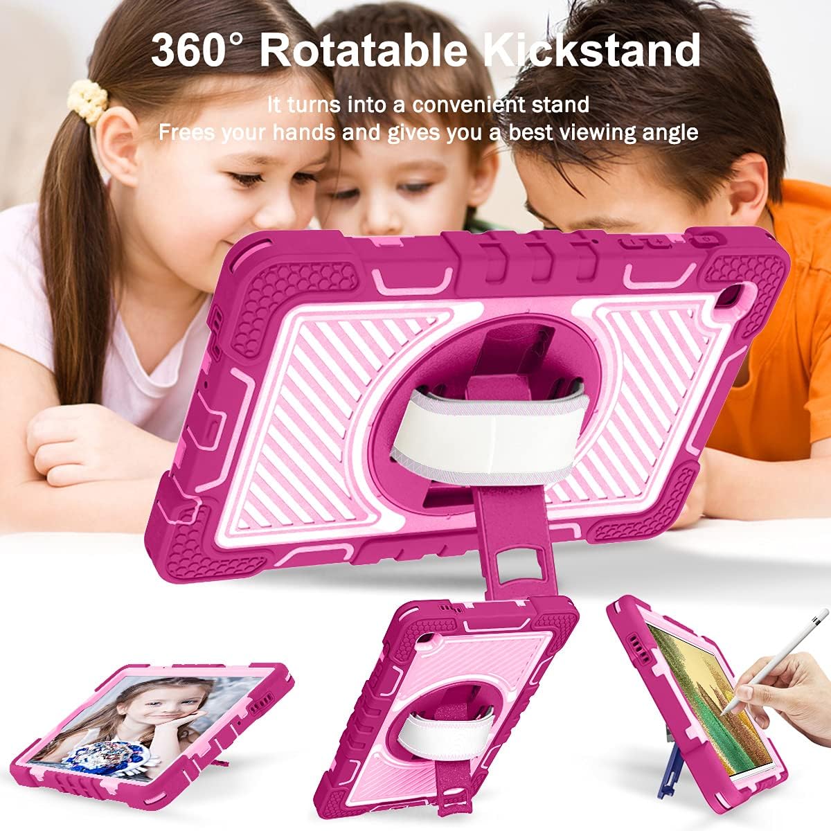 Husa Sigloo pentru Samsung Galaxy Tab A7 Lite(SM-T220/T225), 8.7", curea de umar, stand, curea de mana, rosu trandafiriu cu roz