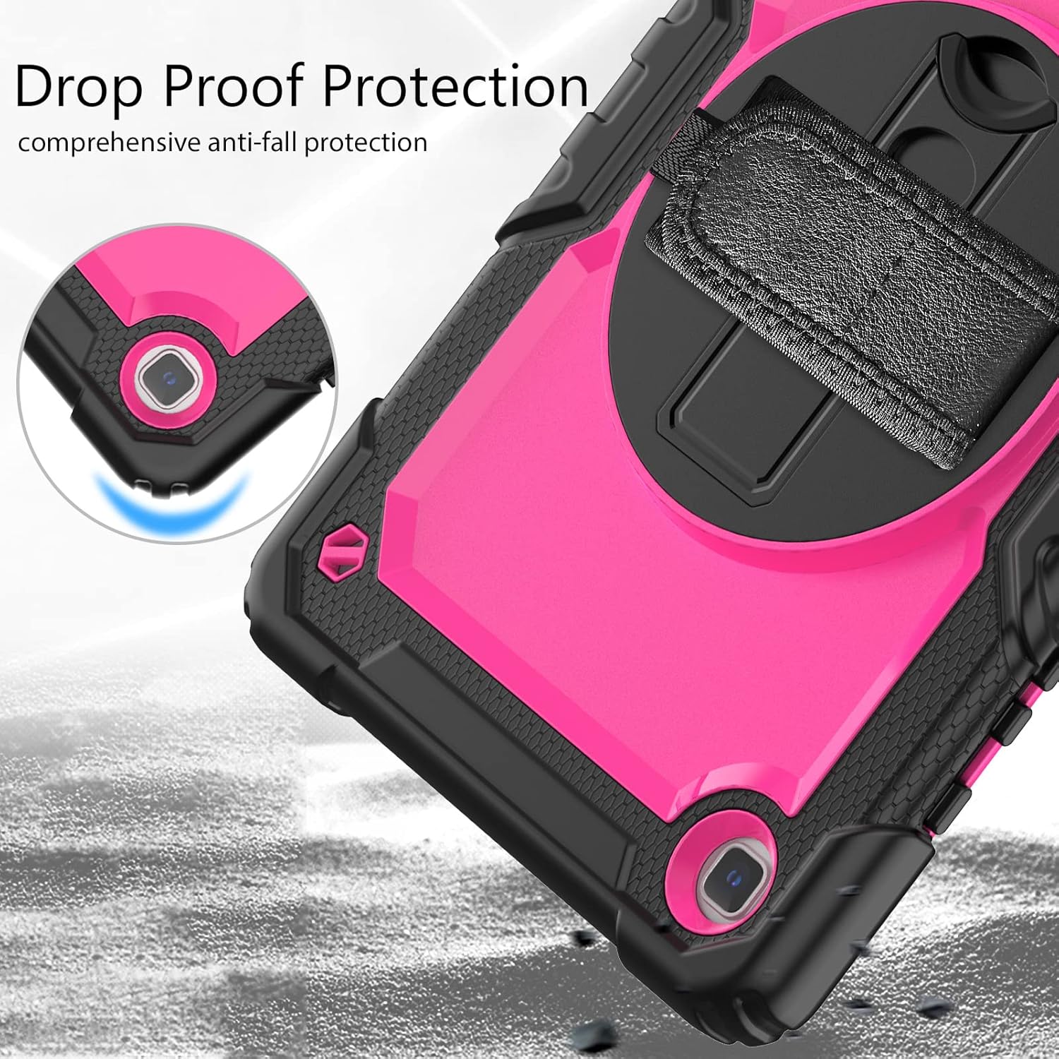Pachet 360 pentru Samsung Galaxy Tab A7 Lite(SM-T220/T225), 8.7", Sigloo, husa cu folie de protectie si curea de umar, suport 360, negru cu roz
