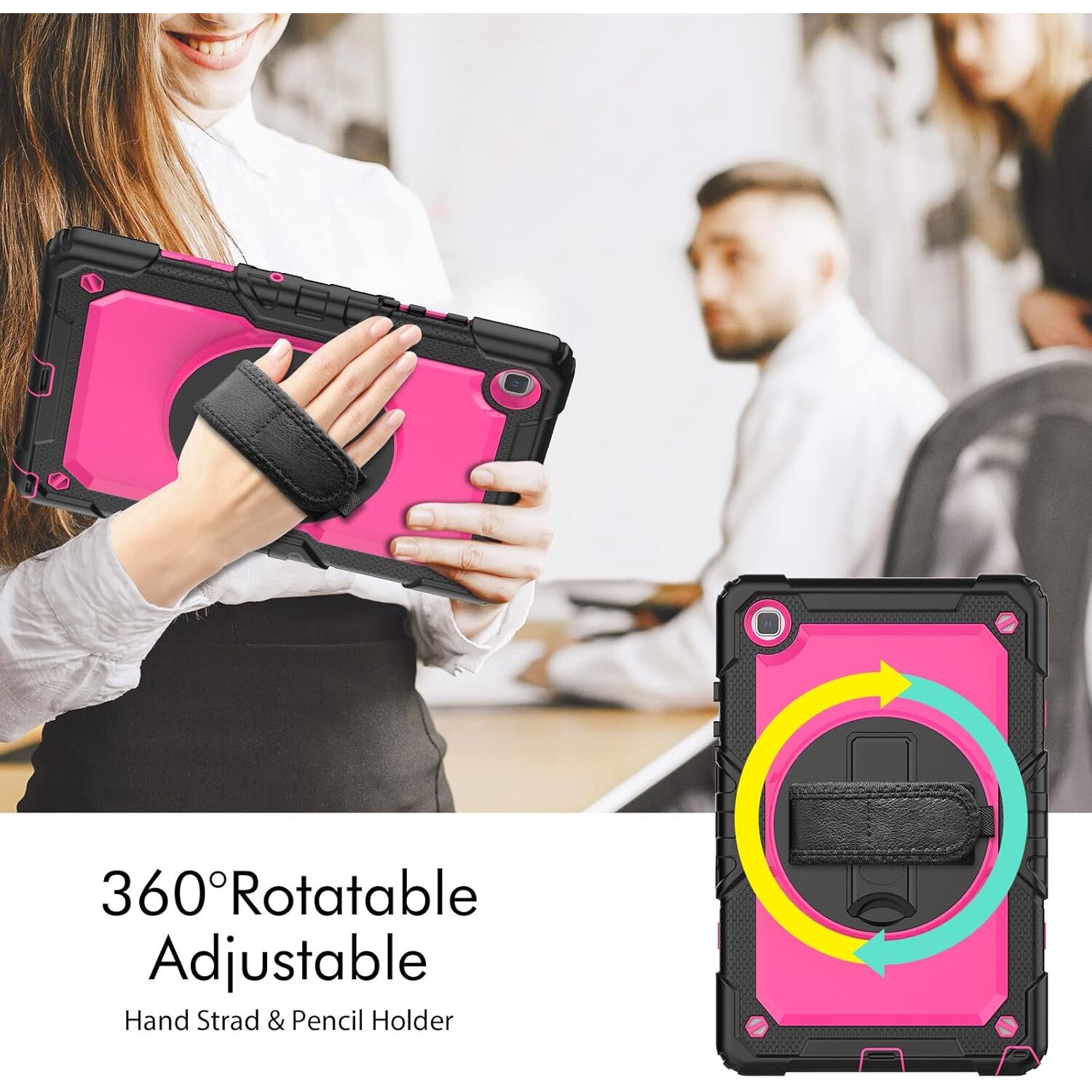 Pachet 360 pentru Samsung Galaxy Tab A7 Lite(SM-T220/T225), 8.7", Sigloo, husa cu folie de protectie si curea de umar, suport 360, negru cu roz