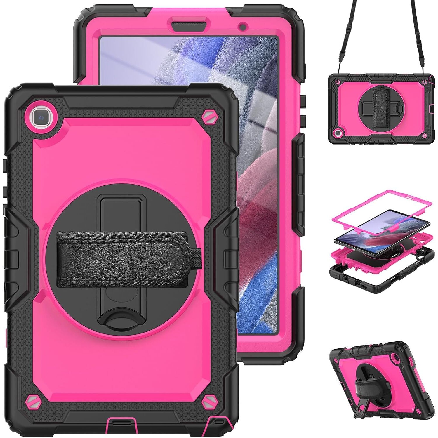 Pachet 360 pentru Samsung Galaxy Tab A7 Lite(SM-T220/T225), 8.7", Sigloo, husa cu folie de protectie si curea de umar, suport 360, negru cu roz