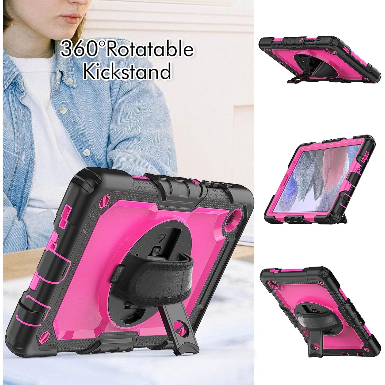 Pachet 360 pentru Samsung Galaxy Tab A7 Lite(SM-T220/T225), 8.7", Sigloo, husa cu folie de protectie si curea de umar, suport 360, negru cu roz