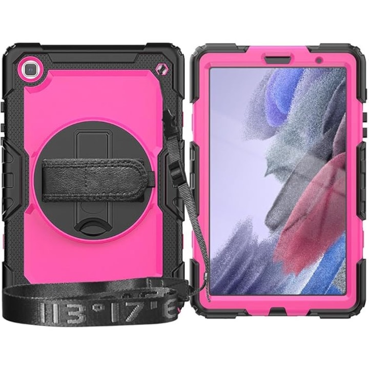 Pachet 360 pentru Samsung Galaxy Tab A7 Lite(SM-T220/T225), 8.7", Sigloo, husa cu folie de protectie si curea de umar, suport 360, negru cu roz