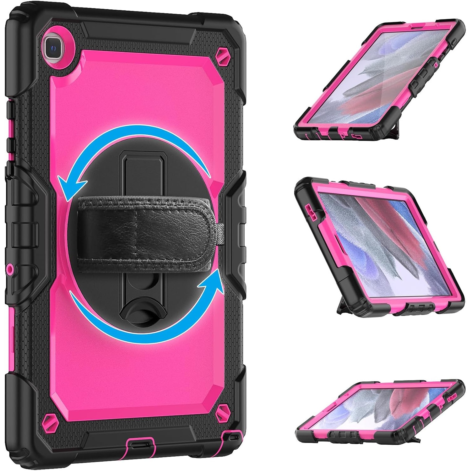 Pachet 360 pentru Samsung Galaxy Tab A7 Lite(SM-T220/T225), 8.7", Sigloo, husa cu folie de protectie si curea de umar, suport 360, negru cu roz