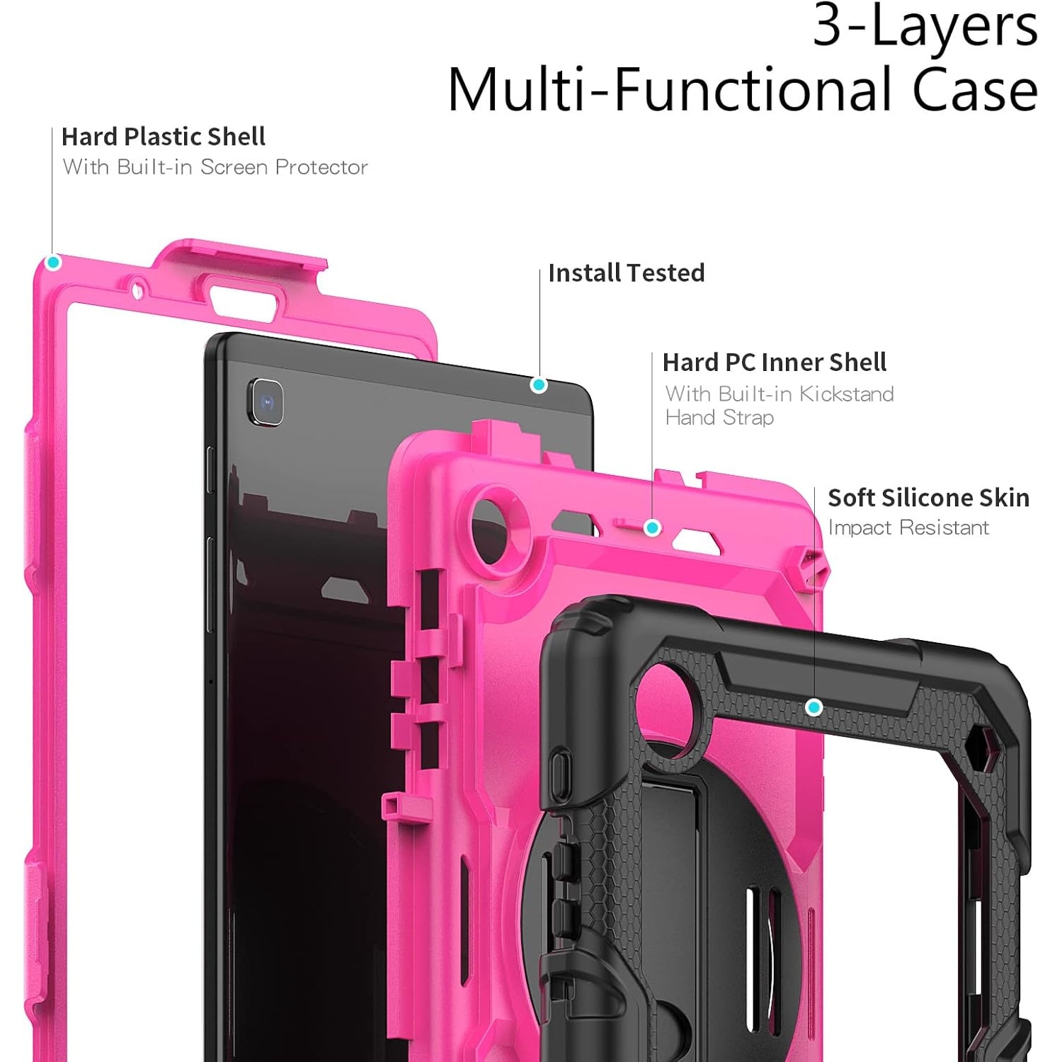 Pachet 360 pentru Samsung Galaxy Tab A7 Lite(SM-T220/T225), 8.7", Sigloo, husa cu folie de protectie si curea de umar, suport 360, negru cu roz