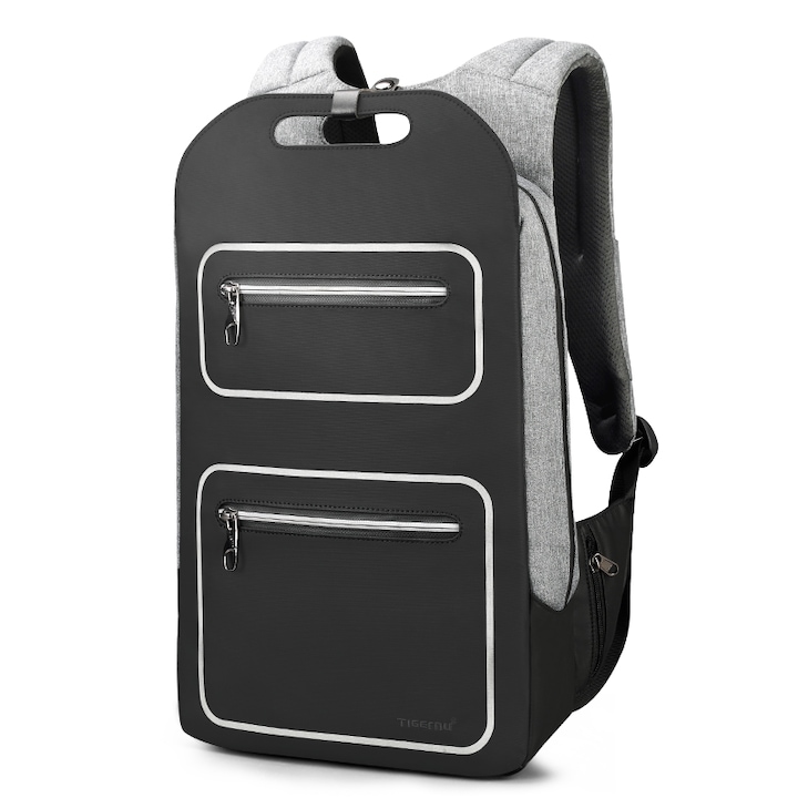 Rucsac laptop 15.6", design subtire, impermeabil, cu buzunar antifurt si port USB, Tigernu, 50x30x12 cm, Negru/Gri