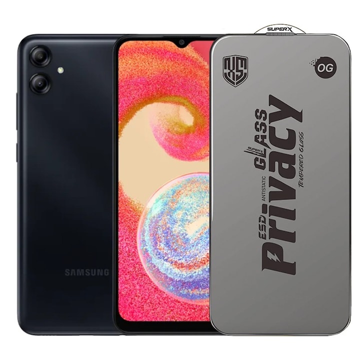 Folie de Protectie pentru Samsung Galaxy A04e, Flippy, Sticla Securizata ESD Antistatica, Super-X Privacy OG, Margini Negre, 0.30 mm, Transparent Inchis