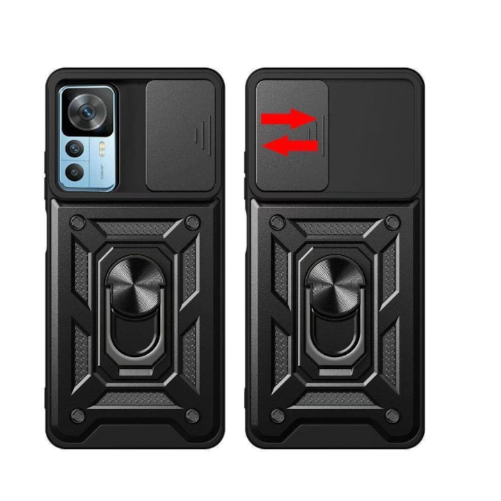 Husa telefon Mat-Tech compatibila cu Xiaomi 12T / 12T Pro, Protectie Camera, Inel, Magnet, Anti-Shock, Rugged Protection, Negru