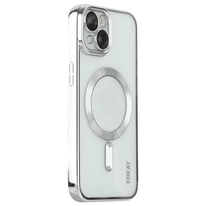 Husa din silicon cu margini metalizate Ultra-Soft, Luxury Magsafe, compatibila cu iPhone 15 Plus / Argintiu