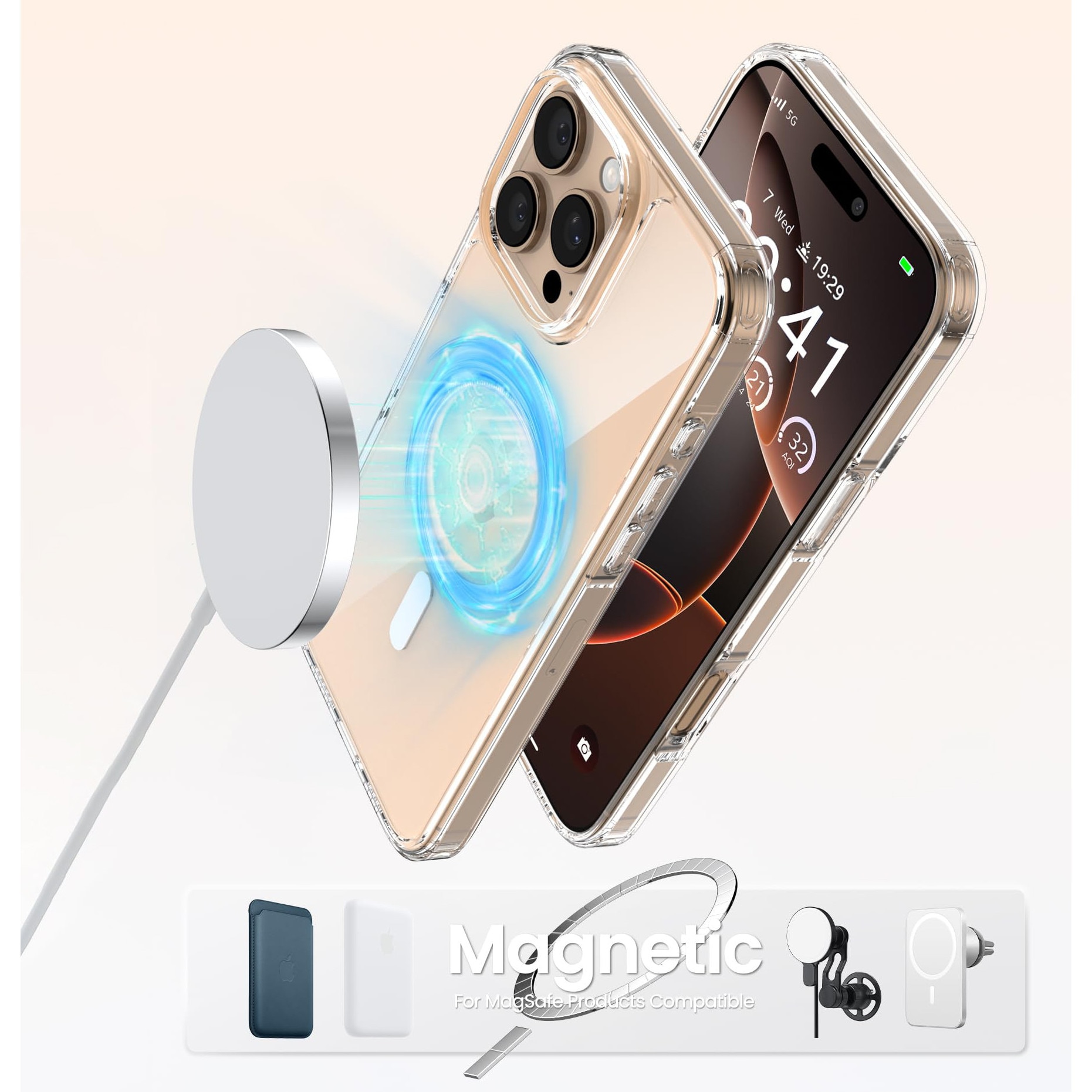 Husa de Protectie, MagSafe, MOGU, Compatibil iPhone 16 promax, impermeabila, rezistenta la zgarieturi, airbag anti-cadere, absorbtie de soc anti-coliziune pe patru fete, din material PC+TPU pentru rezistenta la ingalbenire, grosime 1,5mm, transparenta