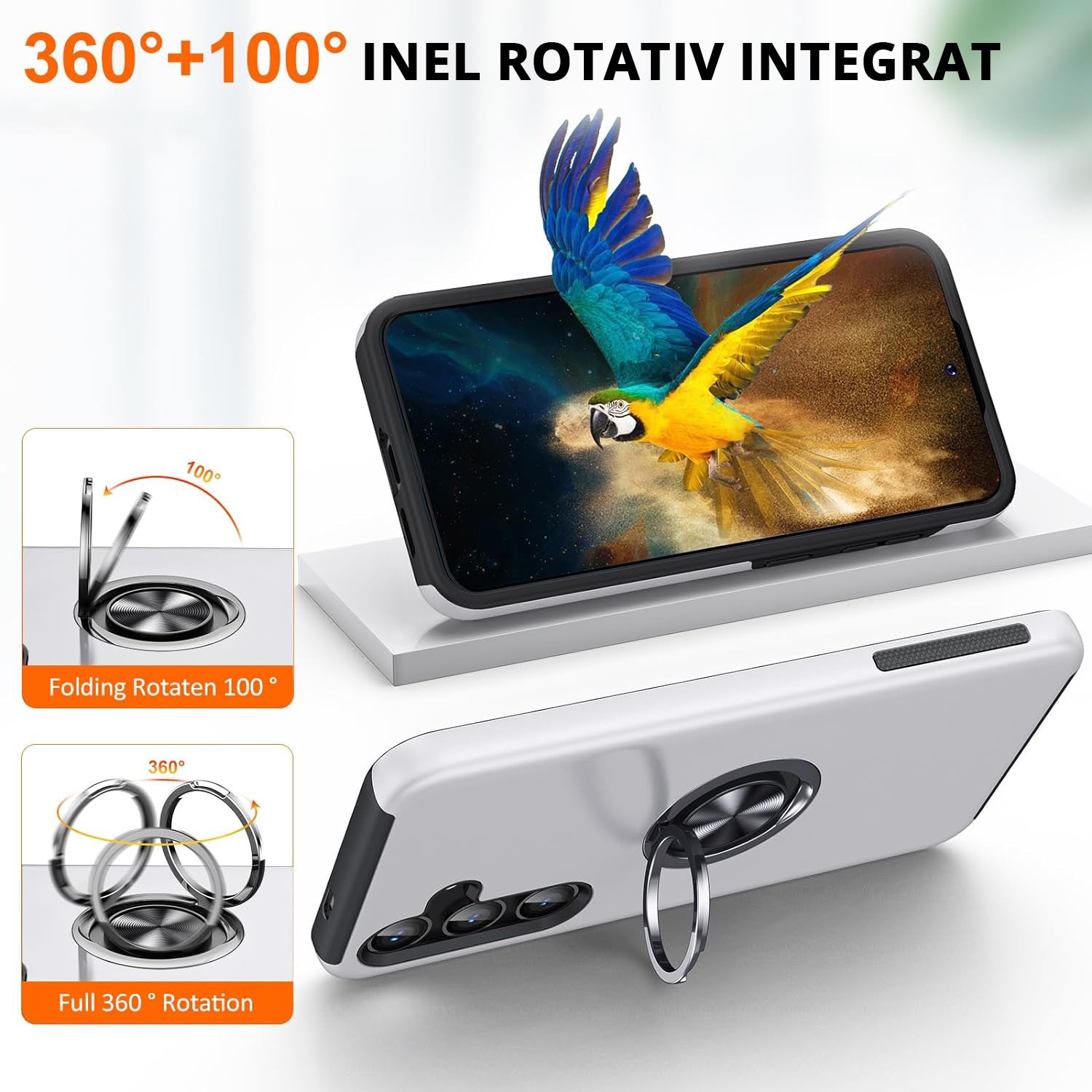 Husa pentru Samsung Galaxy S24, inel rotativ si Kickstand 360°, Protectie Militara Antisoc, cu disipare termica, Silver